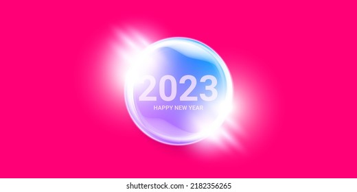 2023 Happy new year horizontal banner background and 2023 greeting card with text. vector 2023 new year sticker, label, icon, logo and badge isolated on winter stylish pink background