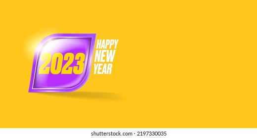 2023 Happy new year horizontal banner background and 2023 greeting card with text. vector 2023 new year sticker, label, icon, logo and badge isolated on winter stylish orange background