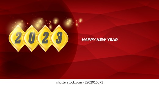 2023 Happy new year horizontal banner background and 2023 greeting card with text. vector 2023 new year sticker, label, icon, logo and badge isolated on stylish red background