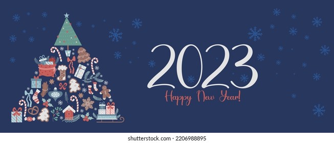 2023 Happy New Year. Horizontal banner with Christmas tree from traditional symbols and festive decor on blue background with snowflakes. Vector illustration. Modern Greeting card template