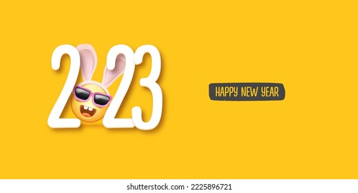 2023 Happy new year horizontal banner with funny smile face with rabbit ears and sunglasses isolated on orange background. 2023 new year banner, poster, flyer, cover with funny cute rabbit