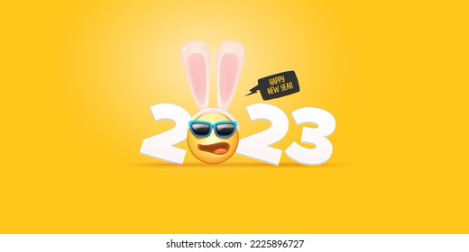 2023 Happy new year horizontal banner with funny smile face with rabbit ears and sunglasses isolated on orange background. 2023 new year banner, poster, flyer, cover with funny cute rabbit