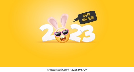 2023 Happy new year horizontal banner with funny smile face with rabbit ears and sunglasses isolated on orange background. 2023 new year banner, poster, flyer, cover with funny cute rabbit