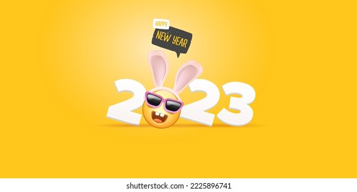 2023 Happy new year horizontal banner with funny smile face with rabbit ears and sunglasses isolated on orange background. 2023 new year banner, poster, flyer, cover with funny cute rabbit
