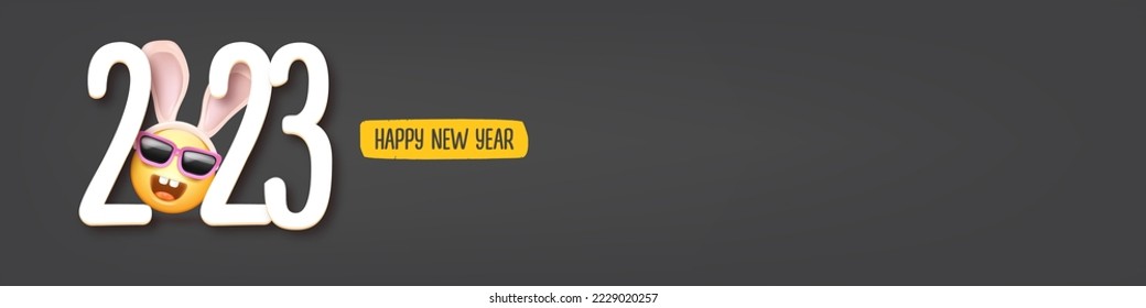 2023 Happy new year horizontal banner with funny smile face with rabbit ears and sunglasses isolated on grey background. 2023 new year banner, poster, flyer, cover with funny cute rabbit