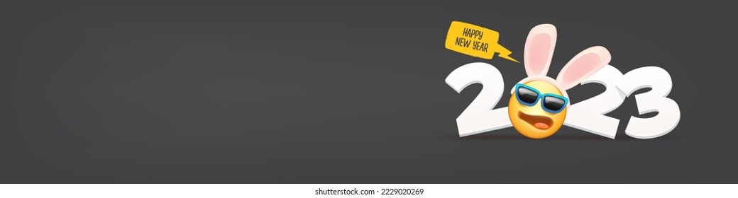 2023 Happy new year horizontal banner with funny smile face with rabbit ears and sunglasses isolated on grey background. 2023 new year banner, poster, flyer, cover with funny cute rabbit