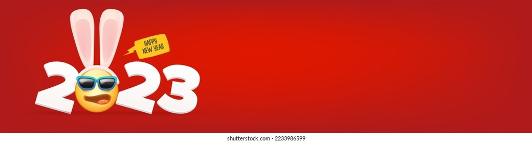 2023 Happy new year horizontal banner with funny smile face with rabbit ears and sunglasses isolated on red background. 2023 new year banner, poster, flyer, cover with funny cute rabbit