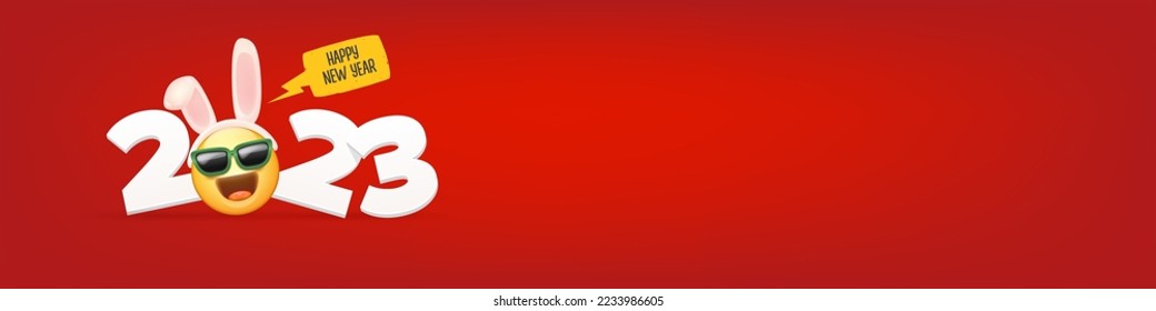 2023 Happy new year horizontal banner with funny smile face with rabbit ears and sunglasses isolated on red background. 2023 new year banner, poster, flyer, cover with funny cute rabbit
