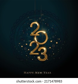 2023 Happy New Year illustration made by Golden points and lines, greeting card. Vector banner poster .