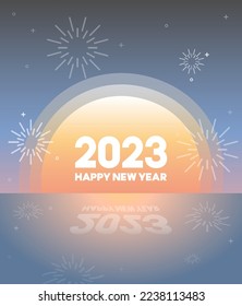 2023 happy new year illustration. Sun rising over the sea.