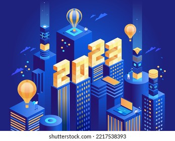 2023 Happy New Year. New innovative ideas. Digital technologies. Isometric technology for new year holiday posters and banners. Vector illustration with trendy geometric elements