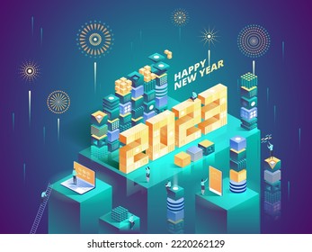 2023 Happy New Year. New innovative ideas. Digital technologies. Isometric technology for new year holiday posters and banners. Vector illustration with trendy geometric elements