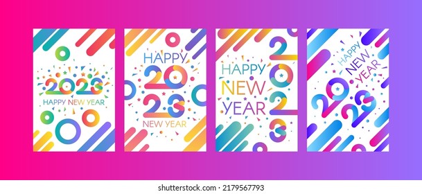 2023 happy new year invitation card banner vector. Design number two thousand twenty three with greeting phrase decorated confetti explosion. Poster on festive party flat cartoon illustration