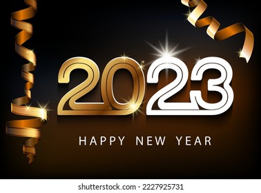2023 happy new year. Isolated gold and white numbers design, shiny stars, white text. Creative black background. Stars. Futuristic golden serpentine, ribbon.Elements for calendar, greeting cards, glow