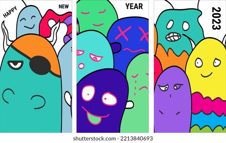 2023 Happy New Year. Kawaii doodle monster tersenyum pola mulus untuk cetakan anak, desain dan buku mewarnai. Ilustrasi vektor