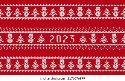 2023 happy new year knit seamless pattern. Christmas red background with tree and snowman. Knitted Xmas geometric border. Holiday fair isle traditional texture. Festive winter ornament. Vector.