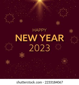 2023 Happy New Year Lettering With Snowflakes And Fireworks On Dark Claret Flare Effect Background.