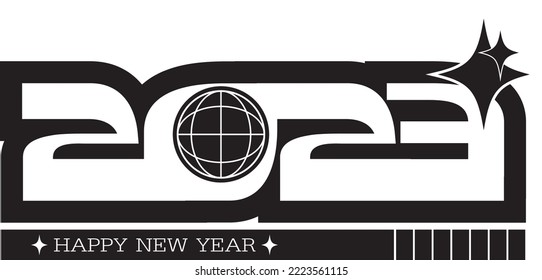 2023 Happy New Year logo text design. y2k symbols. Vector illustration with black labels isolated on white background.