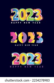 2023 Happy New Year logo lettering text design. 2023 number design template. Collection of 2023 Happy New Year symbols. Vector illustration