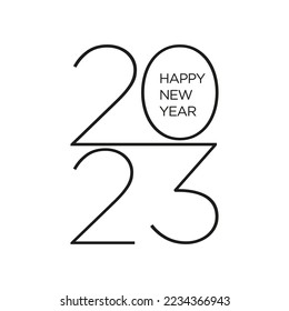 2023 Happy New Year logo text design. Vector illustration with black labels isolated on white background.