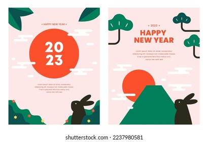 2023 Happy New Year. lunar new Year of the rabbit poster set. Minimal design templates. Season decoration, banner, flyer, cover, greeting card, Modern style. Trendy design flat vector illustration.