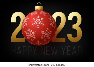 2023 Happy New Year. Luxury greeting card with a white and gold christmas tree ball on the royal black background. Vector