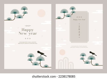 2023 Happy New Year. magpie sitting on a pine tree watching the first year of the new year. Season decoration, Traditional banner, flyer, cover, greeting card, Modern style. Flat vector illustration.