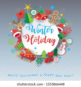 2023 Happy New Year Merry Christmas Decoration card vector snowman, Christmas tree, Christmas ball, hat, bell, ribbon, santa, socks, Gingerbread, reindeer, stars, heart, snowflakes transparent icon ui