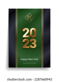 2023 Happy New Year and Merry Christmas. Designer cover with gold elements on a black background for invitation, congratulatory postcard, calendar, parties. Vector.