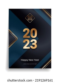 2023 Happy New Year and Merry Christmas. Designer cover with gold elements on a black background for invitation, congratulatory postcard, calendar, parties. Vector.