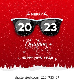 2023 Happy New Year and Merry Christmas landscape. Black hipster sunglasses on snowfall background. Vector illustration.