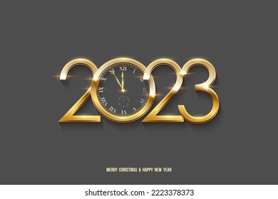2023 Happy New Year and Merry Christmas clock countdown background. Gold numbers and watch face on greeting festive card vector illustration. Holiday poster design element on grey background