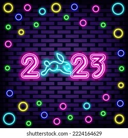 2023 Happy New Year and Merry Christmas Badge in neon style. Neon script. Night advensing. Modern trend design. Vector Illustration