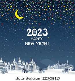 2023 Happy New Year and Merry Christmas greeting card. Celebration blue background with Christmas Landscape, town, moon, star and place for your text. vector Illustration 