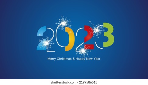 2023 Happy New Year modern black light typography logo sparkle firework colorful white blue vector greeting card