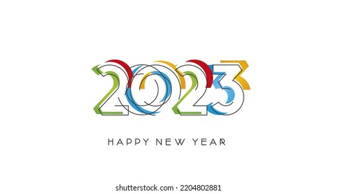 2023 Happy New Year modern trendy line design numbers with abstract colorful shapes on white isolated background