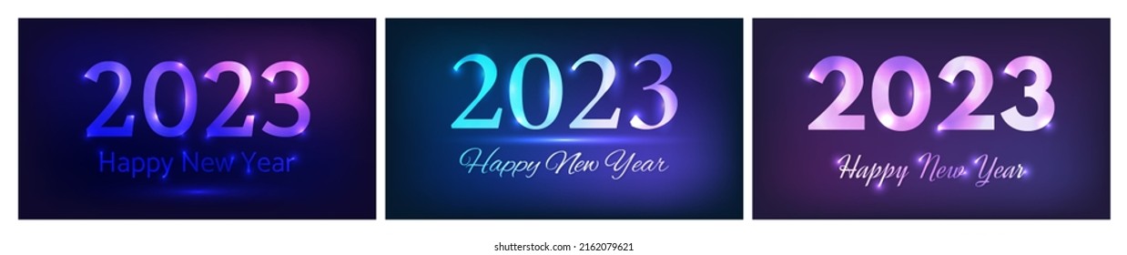2023 Happy New Year neon background. Set of three abstract neon backdrops with lights for Christmas holiday greeting card, flyers or posters. Vector illustration