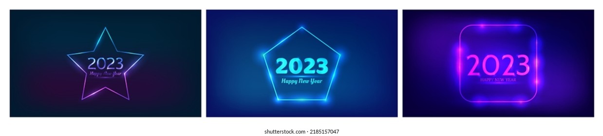 2023 Happy New Year neon background. Set of three neon backdrops with different geometric frames with shining effects and inscription Happy New Year. Dark background for Christmas holiday greeting car