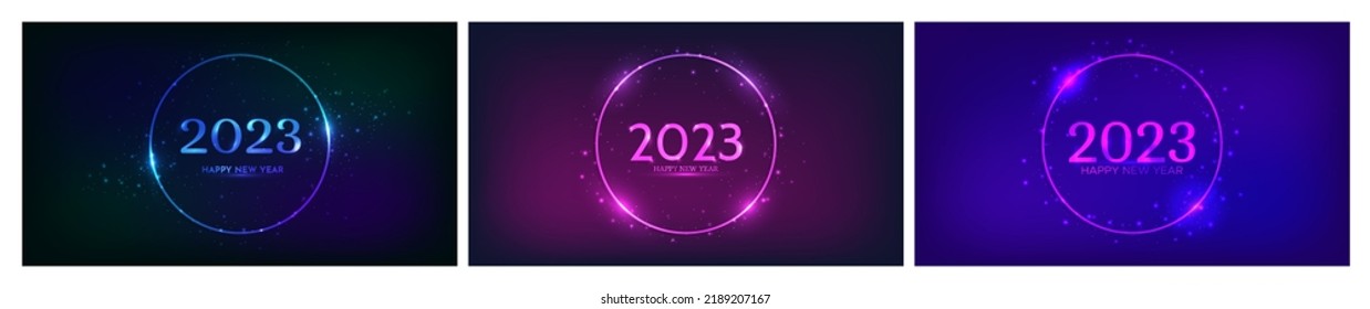 2023 Happy New Year neon background. Set of three neon backdrops with circle frames with shining effects and sparkles and inscription Happy New Year. Dark background for Christmas holiday greeting car