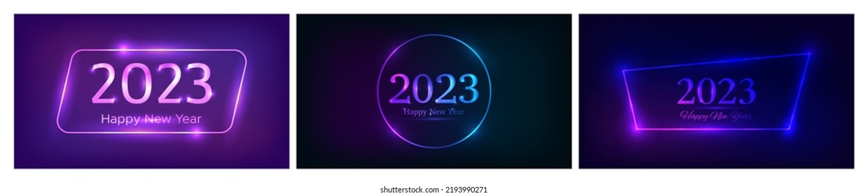 2023 Happy New Year neon background. Set of three neon backdrops with different geometric frames with shining effects and inscription Happy New Year. Dark background for Christmas holiday greeting car