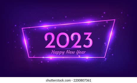 2023 Happy New Year neon background. Neon frame with shining effects and sparkles for Christmas holiday greeting card, flyers or posters. Vector illustration