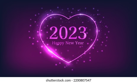 2023 Feliz Año Nuevo de fondo neón. Marco de neón en forma de corazón con efectos brillantes y destellos para tarjetas de felicitación de Navidad, volantes o afiches. Ilustración del vector