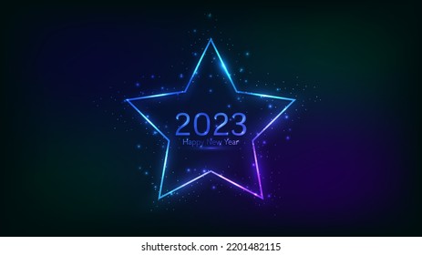 2023 Happy New Year neon background. Neon frame in star form with shining effects and sparkles for Christmas holiday greeting card, flyers or posters. Vector illustration