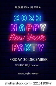 2023 Happy New Year neon poster. Colorful typography. Luminous announcement. Greeting card invitation. Winter holiday event. Glowing effect flyer. Editable stroke. Vector stock illustration