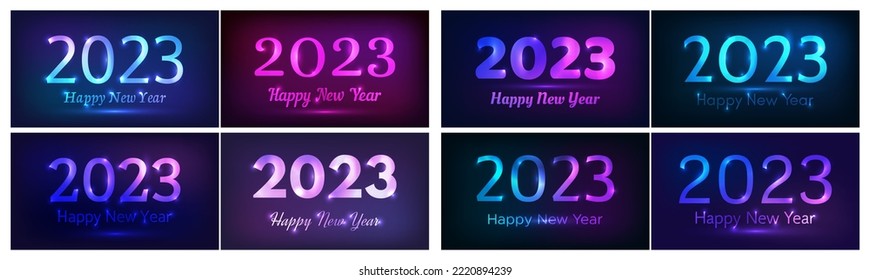 2023 Happy New Year neon background. Set of abstract neon backdrops with lights for Christmas holiday greeting card, flyers or posters. Vector illustration