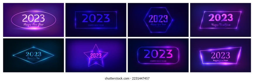 2023 Happy New Year neon background. Big set of neon backdrops with different geometric frames with shining effects and inscription Happy New Year. Dark background for Christmas holiday