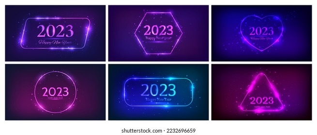 2023 Happy New Year neon background. Set of neon backdrops with circle frames with shining effects and sparkles and inscription Happy New Year