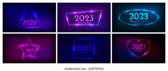 2023 Happy New Year neon background. Set of neon backdrops with circle frames with shining effects and sparkles and inscription Happy New Year