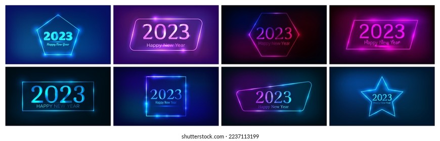 2023 Happy New Year neon background. Big set of neon backdrops with different geometric frames with shining effects and inscription Happy New Year. Dark background for Christmas holiday