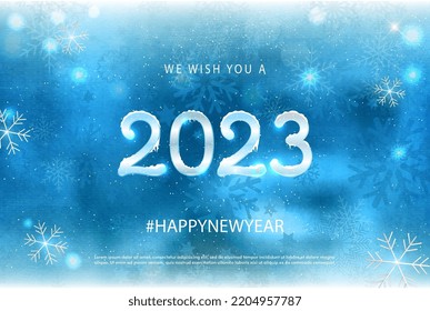 2023 happy new year on winter christmas frost background. Winter 2023 year set with snow caps. Festive winter frost background. Frozen Xmas and Happy New Year 2023 Greetings.Vector illustration EPS 10